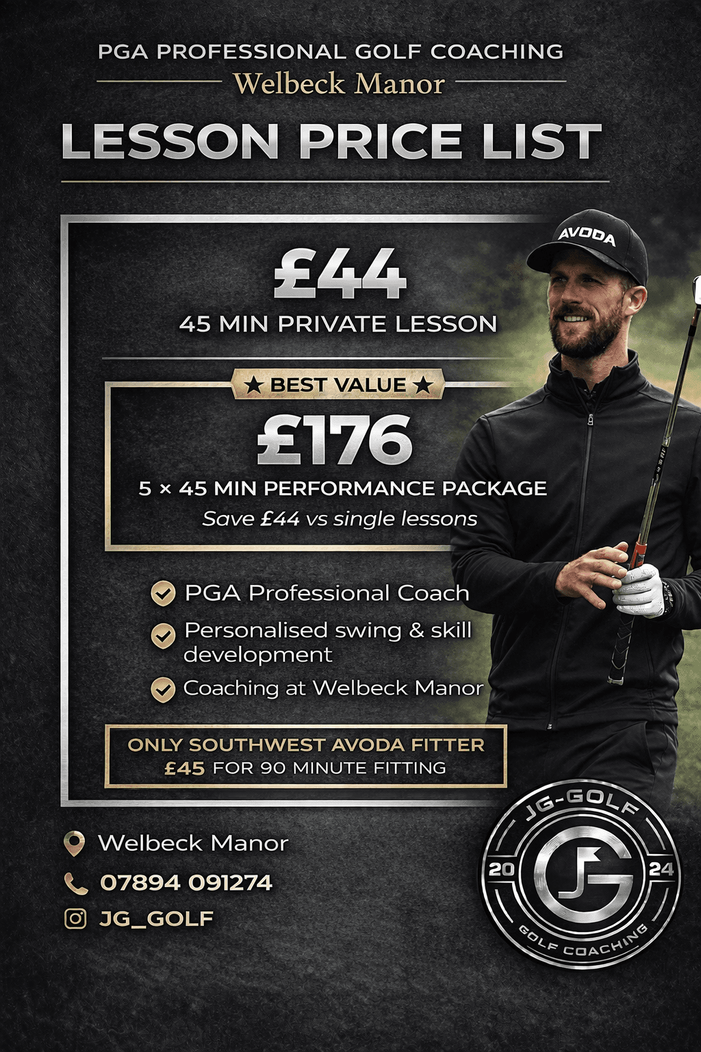 Jeb — PGA Professional Golf Coaching at Welbeck Manor. Lesson price list.